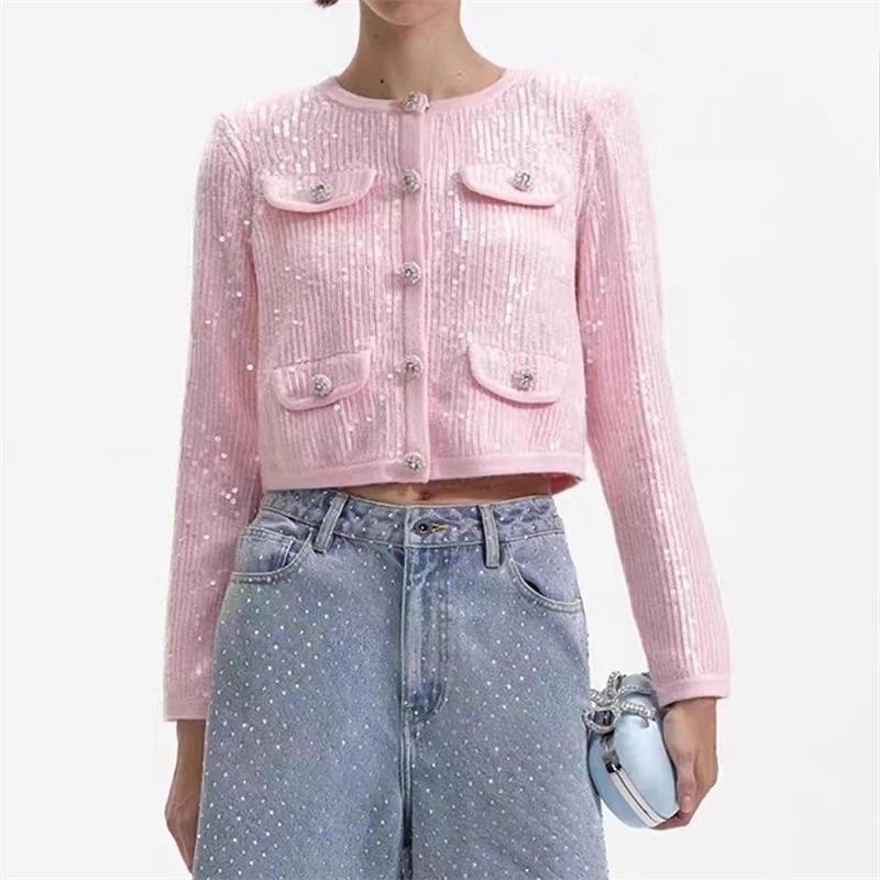 

New Spring Women's Round Neck Heavy Sequin KnitCardigan High-Quality Fashionable Commuter Multi-Pocket Knit Jacket and Skirt Set