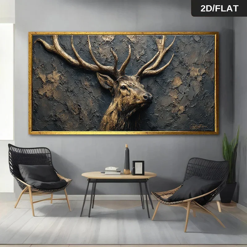 Large-sized 1pc frameless Canvas Painting 1pc Extra Large Abstract Stag Head Canvas Painting Golden Brown Deer Wall Art Poster,