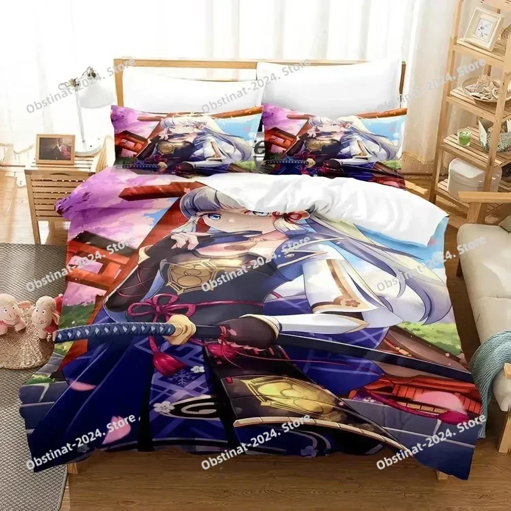 Game Genshin Impact Kamisato Ayaka Bedding Set Printed single Comforter Quilt Bed Cover Pillow Case 3 Pieces Set Kids Adult Size
