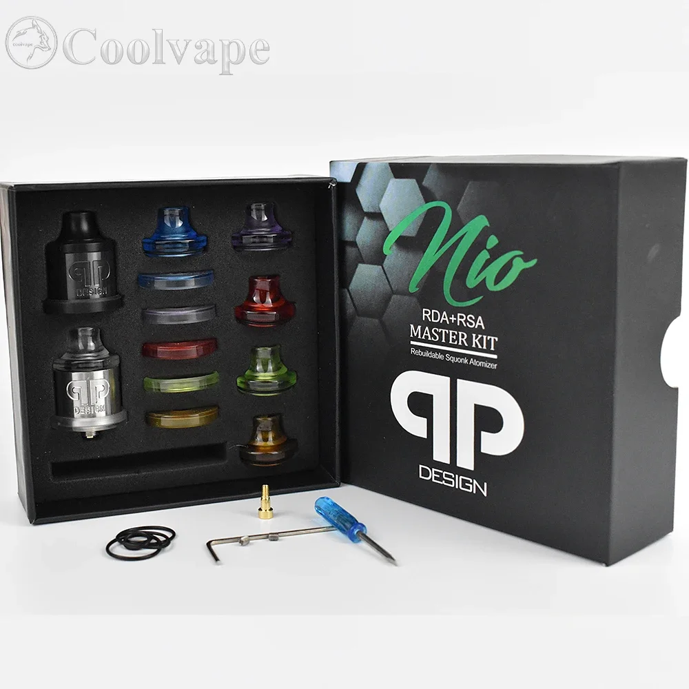 

QP Design Nio RDA RSA Master Kit с контактом bf 22 мм 316ss Испаритель Восстанавливаемый бак воздухозаборник Регулируемый распылитель rda