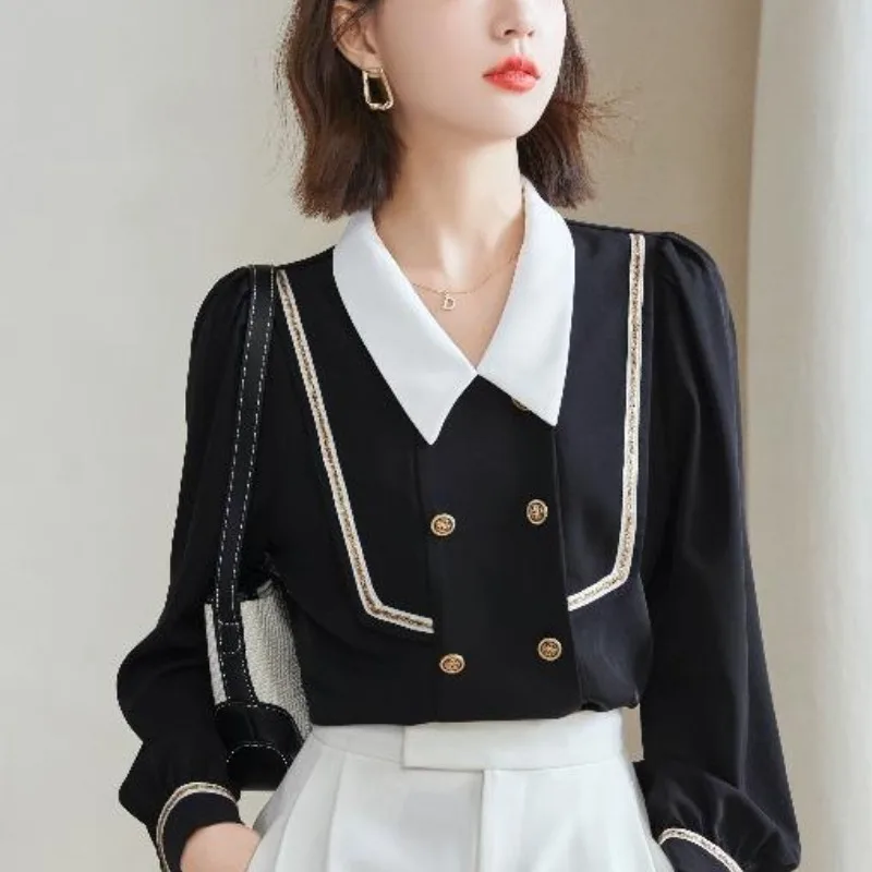 2024Women\'s Spring and Autumn New Fashion Elegant Doll Neck Spliced Button Korean Versatile Long Sleeve Chiffon Shirt Tops