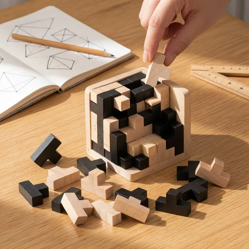 

54T Wooden Puzzle Building Blocks Cube Brain Teaser IQ Toy Educational Game for Kids Adults Mind Testing Casual Desktop Toy