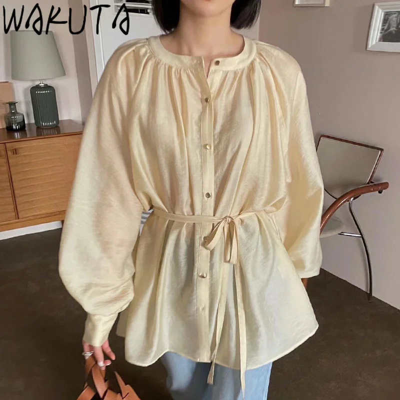 

WAKUTA Long Sleeve Thin Slim Waist O Neck Women Shirts Sun Protection Summer Solid Korean 2024 Elegant Vintage Ladies Blouse Top