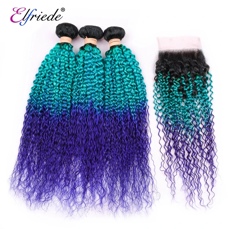 Elfriede #T1B/Light Blue/Blue Kinky Curly Ombre Color Hair Bundles with Closure Human Hair Wefts 3 Bundles with Lace Closure 4x4