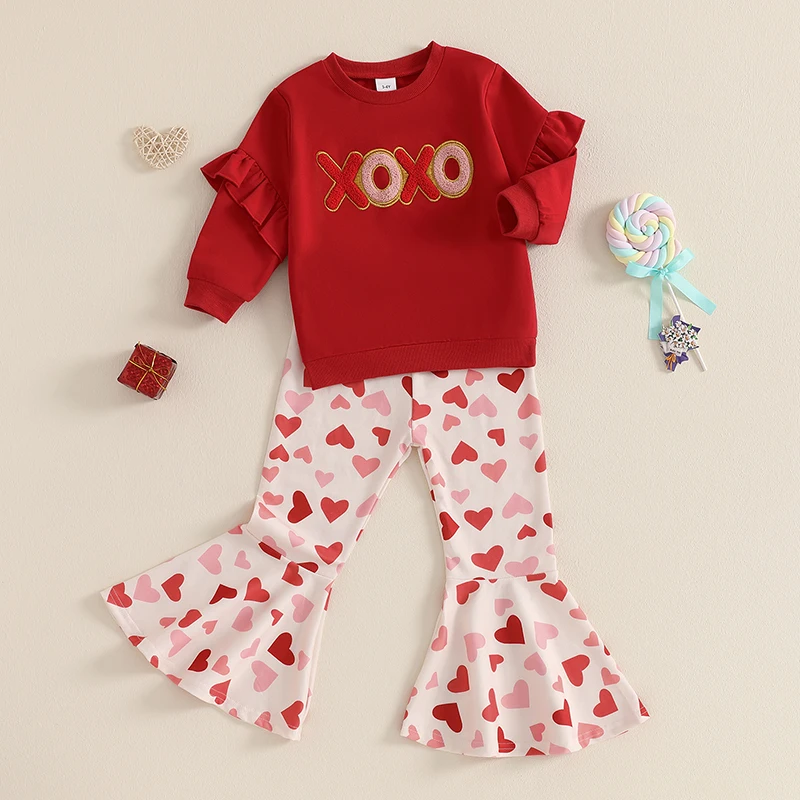 Kids Baby Girls Valentines Day Outfit Letter Ruffle Long Sleeve Sweatshirt Heart Flare Pants Toddler 2 Piece Spring Clothes Set