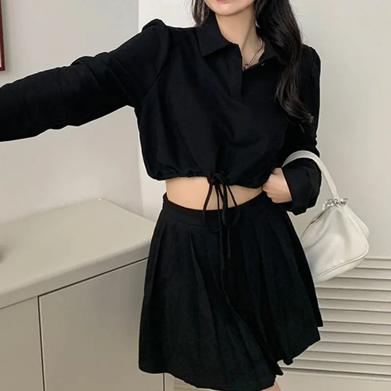 Elegant Fashion Harajuku Slim Fit Female Clothes Loose Casual All Match Long Sleeve POLO Shirt Solid Pleated Skirt Two Piece Set