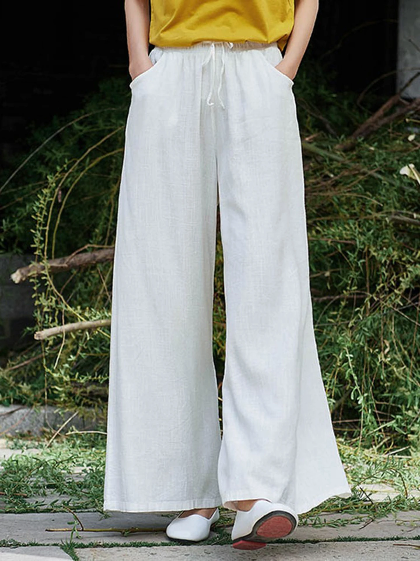 Cotton Linen Wide Leg Pants Women Loose Slim Straight Tube Long Thin Beach Vacation Drapey Pants Yoga Tea Service Casual Pants