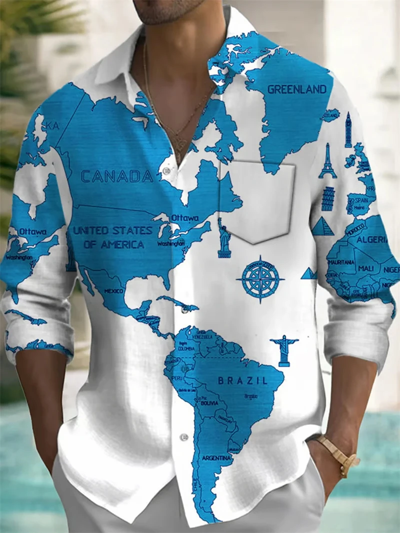 Fashion Earth Map Graphic Shirts For Men Street Style Casual Unisex Retro 3D World Map Print Long Sleeve Shirt Designer Clothes view 4