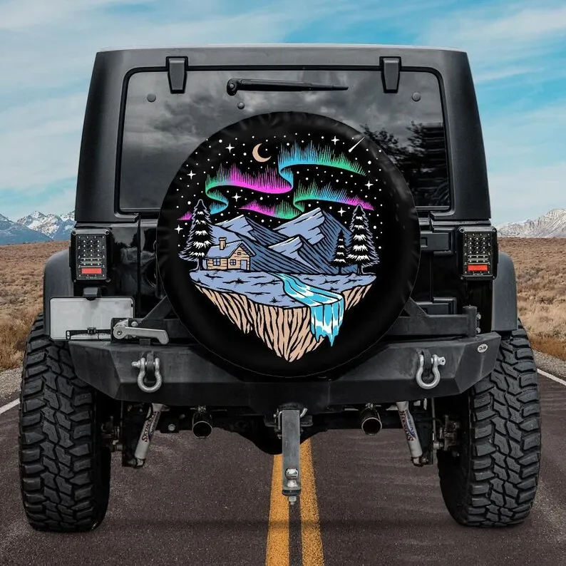 Spare Tire Cover with Night Mountains and Aurora Borealis design, Mountains Tire Cover with camera hole, Wheel Cover, Owner Gift