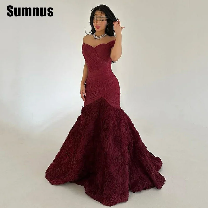 

Sumnus Charming Mermaid Burgundy Formal Occasion Gowns Off Soulder Pleats Flowers Floor-Length Evening Dress 2025 Customized