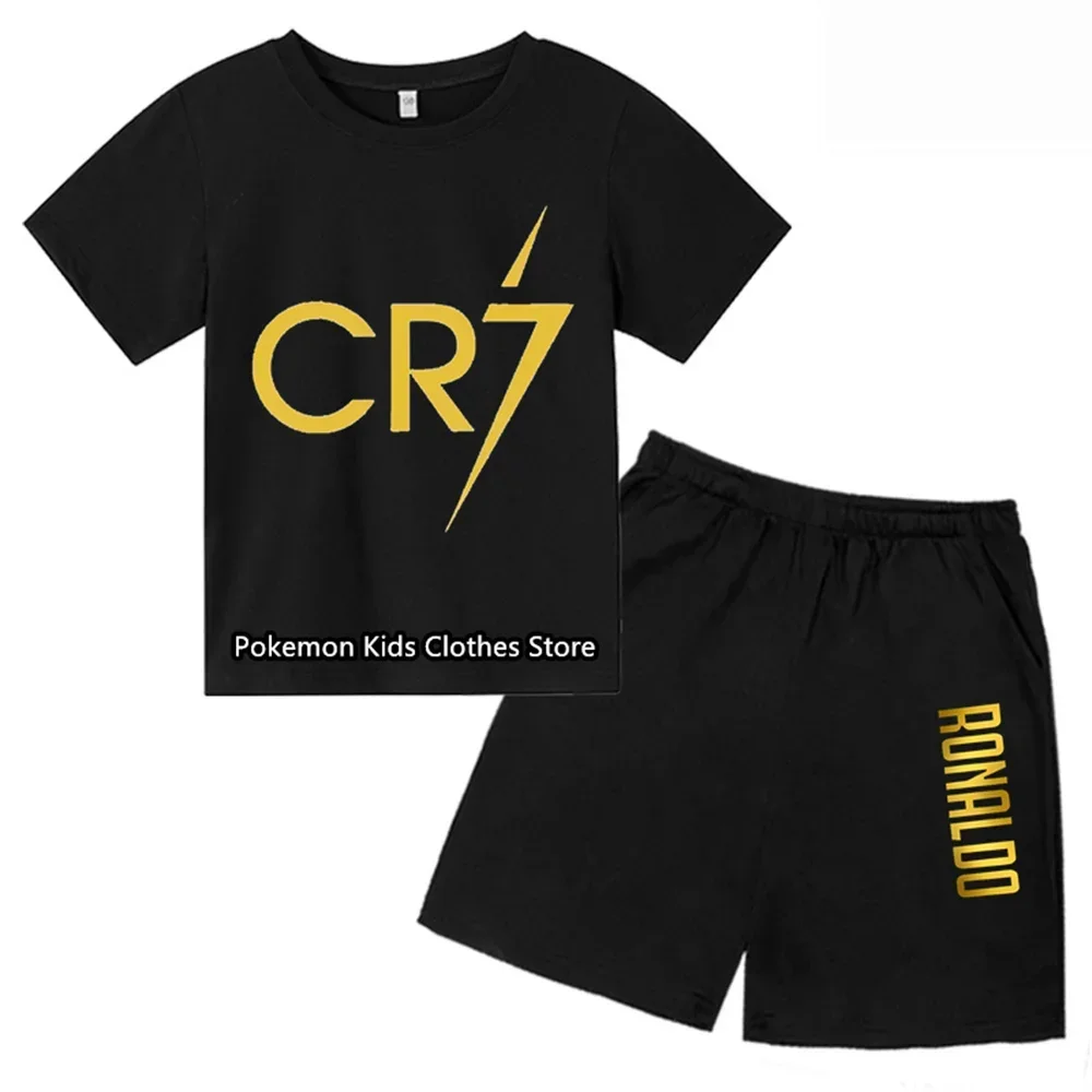 kids T-shirt Summer CR7 Star Print Top/Shorts 2P Boys/Girls Preschool 3-13Y Birthday Gift Sunshine Casual Round Neck Sports Set