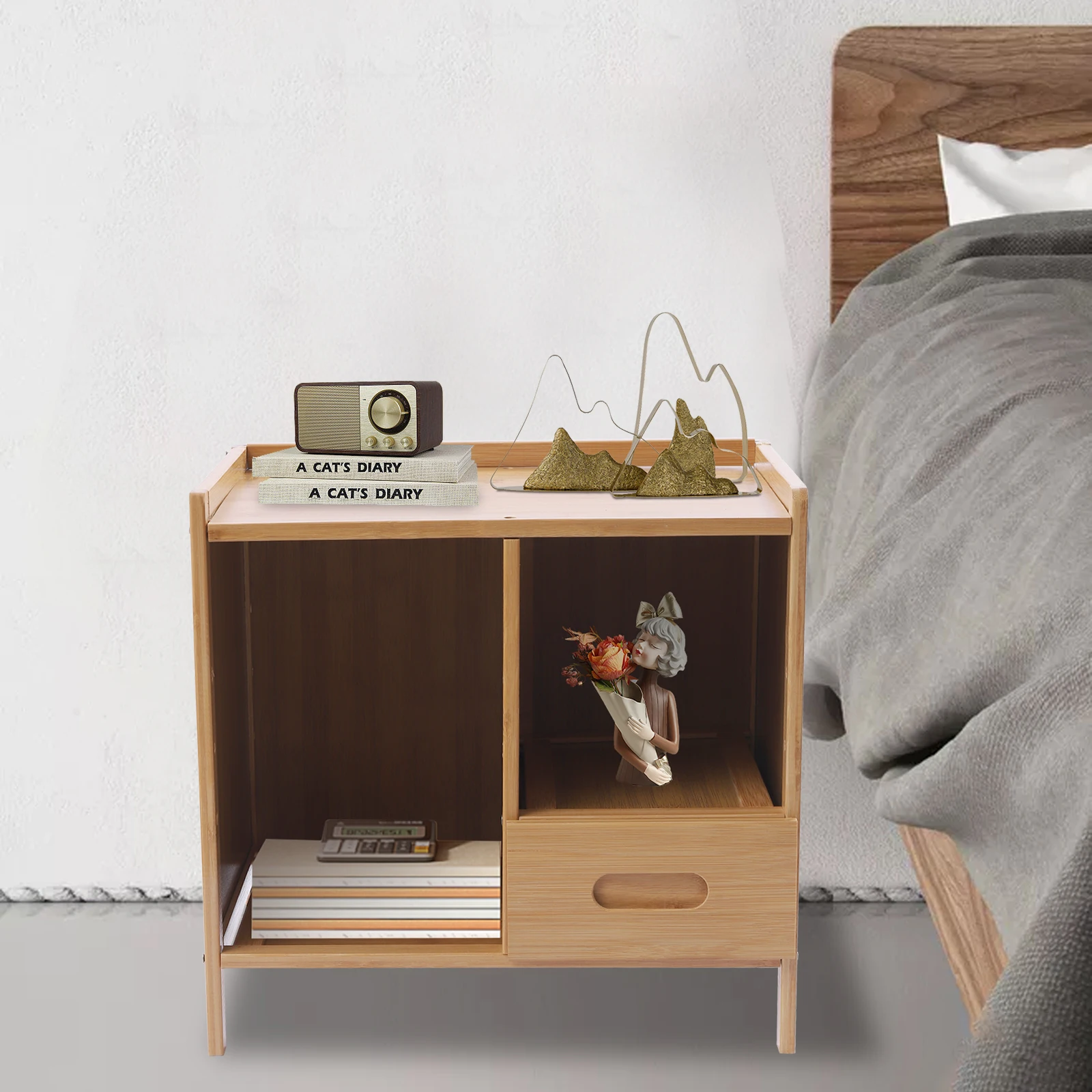 Modern Bamboo Nightstand, Minimalism Side Table Bedroom Storage Drawer Bedside End Table with 1 Drawer and Open Shelf