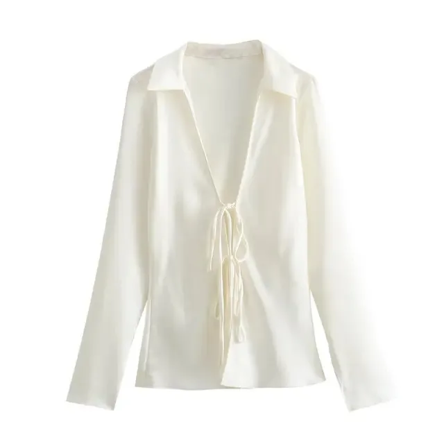 

New Fashion Woman 2024 Casual Slim Long Sleeve Turn Down Collar Blouses Bow Embellished Satin Silk Texture Shirt