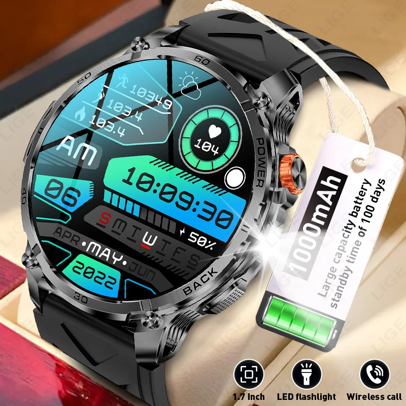 

New 1000mAh Large Capacity Battery Smart Watch Men GPS Tracking Outdoors Flashlight Bluetooth Call Waterproof Sports Smartwatch