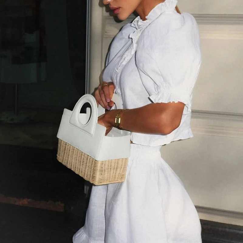 

Fashion O-neck Crop Top & Elastic Waist Pant Outfit Women Casual Puff Sleeve Solid Short Pant Set Elegant Button Draped 2Pc Suit