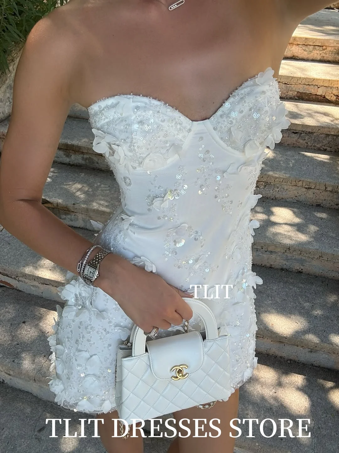 TLIT Elegant Short Silk Satin Mermaid Evening Gown Dresses Sweetheart Zipper Flowers Prom Gowns Sequined Customized Formal Party