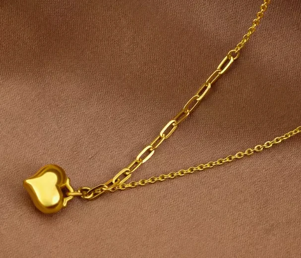 100% 999 real gold necklaces 24k pure gold chains necklace yellow gold heart shape pendant necklace about 4grams 42cm AB chains