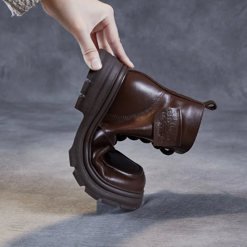 DRKANOL 2026 British Style Women Genuine Cow Leather Ankle Boots Autumn Winter Warm Thick Heel Platform Retro Casual Short Boots