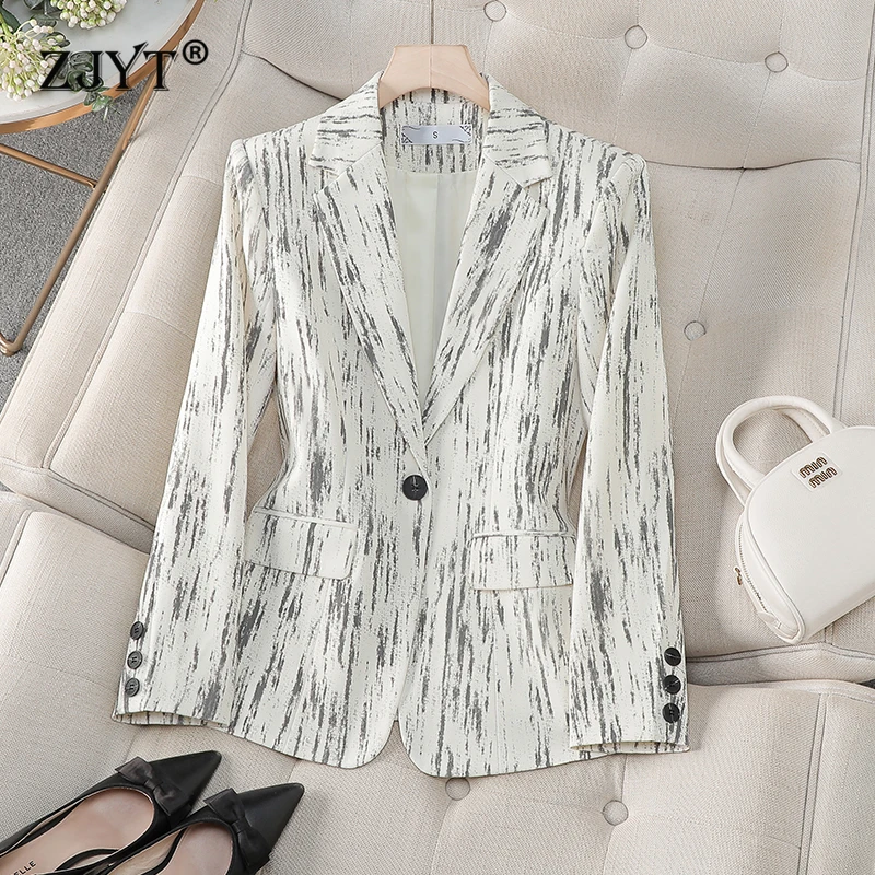 ZJYT Korean Fashion One Button Blazers for Women Print Jacket Coat 2025 Spring Outerwears Elegant Casual Plus Size Veste Femme