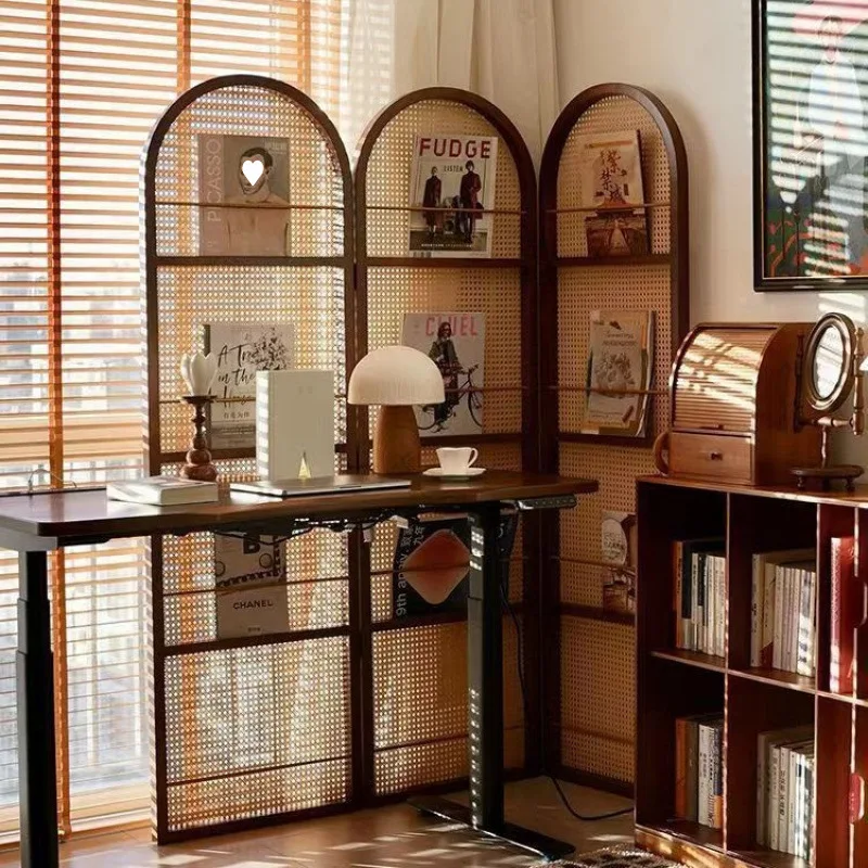 Customized Chinese Living Room Folding Rattan Screen Porch Solid Wood Storage Bookshelf Retro Partition Bedroom Blocking Cross-b
