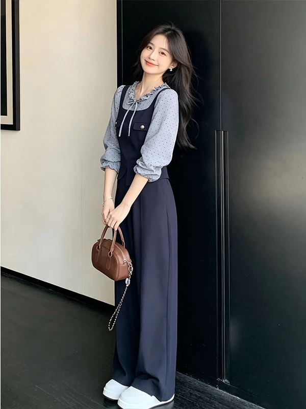 Retro Fashion Set Women's Autumn New Style Design Sense Fake Two-Piece Top Pants Two-Piece Set Youthful Looking Casual Style