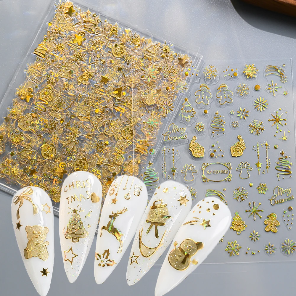 สติกเกอร์เล็บลายเลเซอร์สีทอง 12 ชิ้น/ชุด ลายคริสต์มาส 3 มิติ สติกเกอร์เล็บลายเลเซอร์สีเงิน ลายเกล็ดหิมะ กวางเรนเดียร์ ระฆัง สำหรับตกแต่งเล็บ DIY ลายคริสต์มาส ﻿