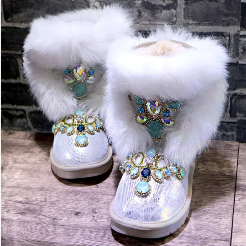 White fox hair hand custom winter plus fleece warm boots Rhine-diamond winter fur one-piece boots women\'s large size 35-44