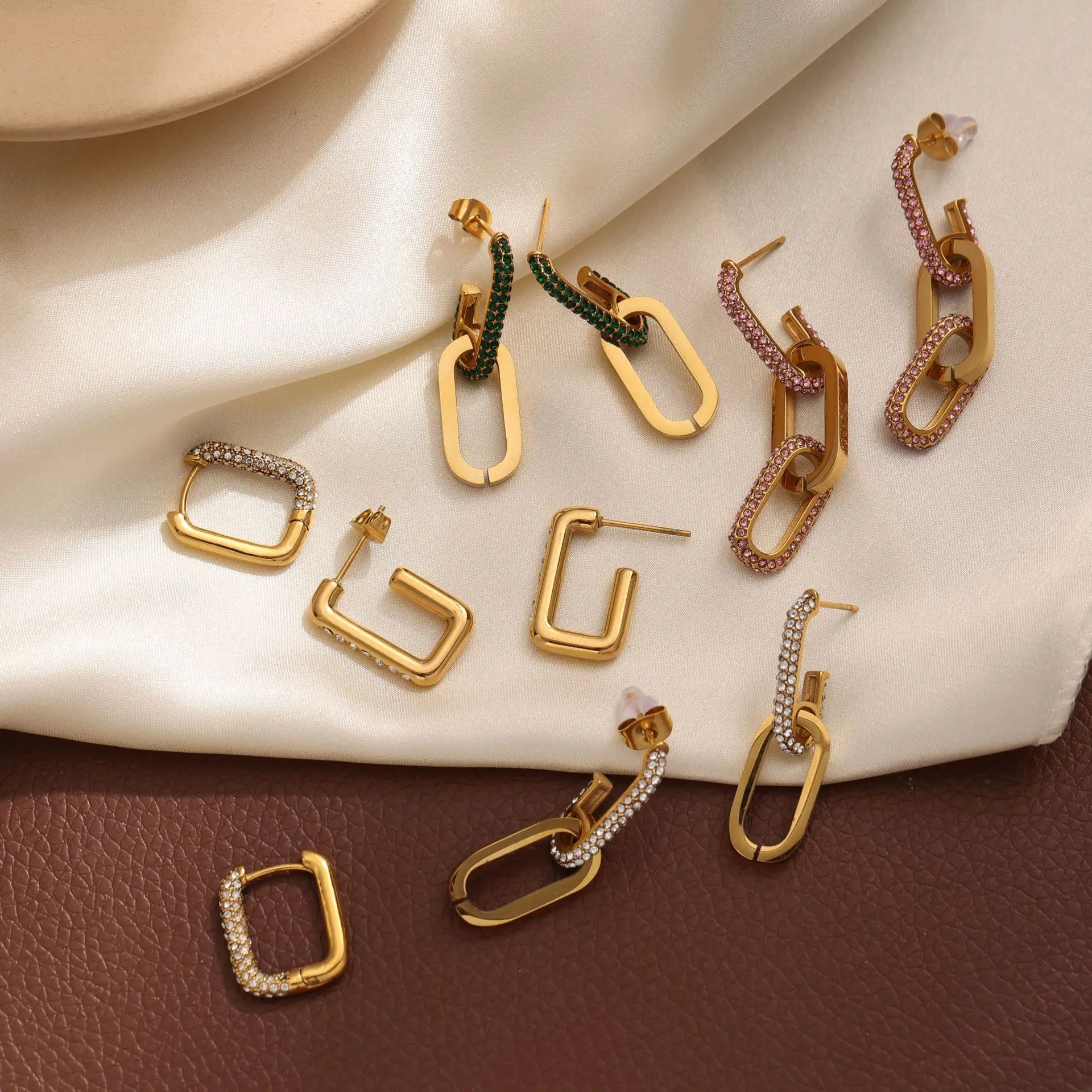 Pendientes de Cadena con Forma de Clip, con Incrustaciones de Circonita, en Tono Rosa, Verde y Dorado, Resistentes al Deslustre, Hipoalergénicos, de Lujo para Mujer