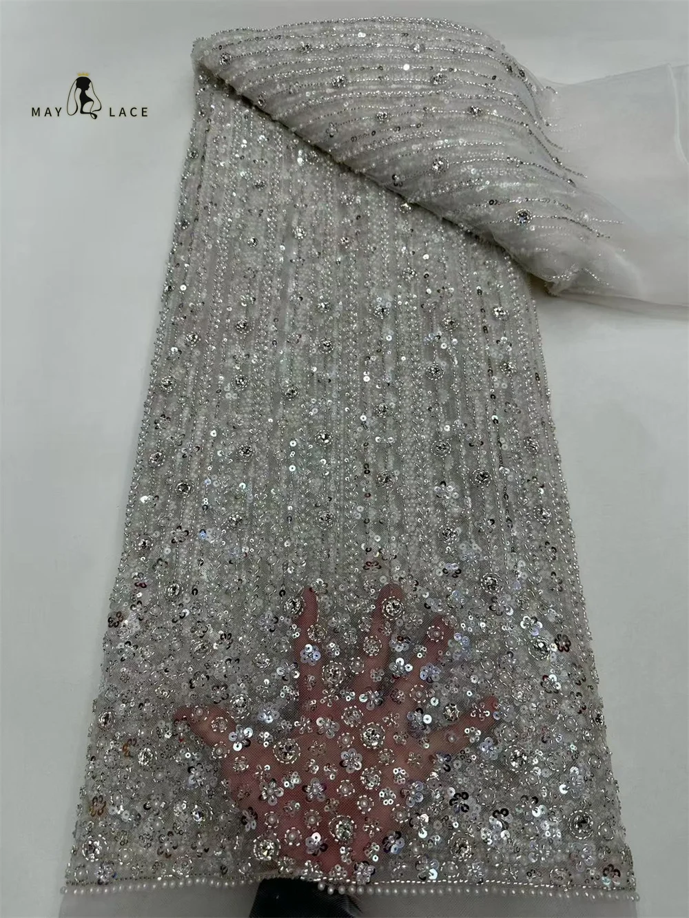 

White African Beaded Lace Fabric 2026 High Quality Lace French Mesh Decoration Nigerian Sequins Lace Fabric Bridal Party Dresses