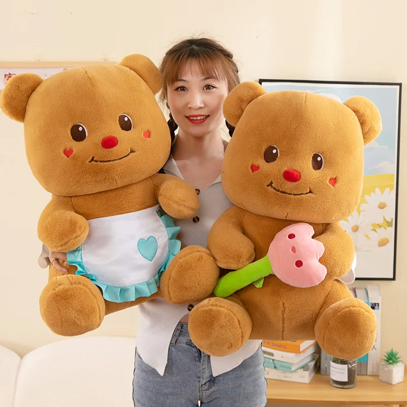 25~60cm Sitting Brown Butter Bear Doll Plush Toy Holding Flower Bib Dressed Cartoon Animal Plushie Peluche Kids Birthday Gift