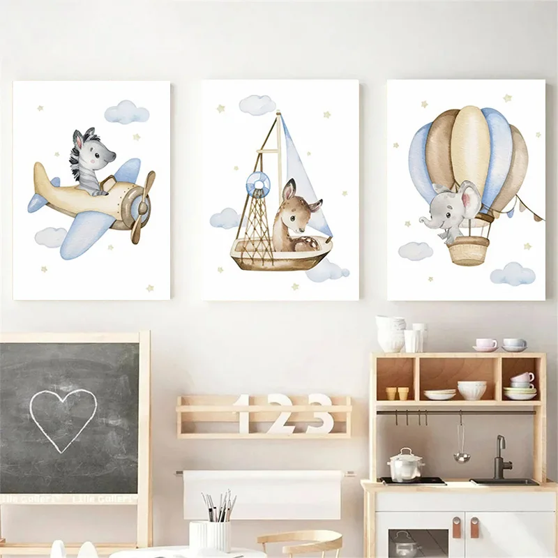 Framed Blue Cartoon Poster Airplane Hot Air Balloon Elephant Zebra Canvas Painting Children Bedroom Nursery Wall Art Decoration