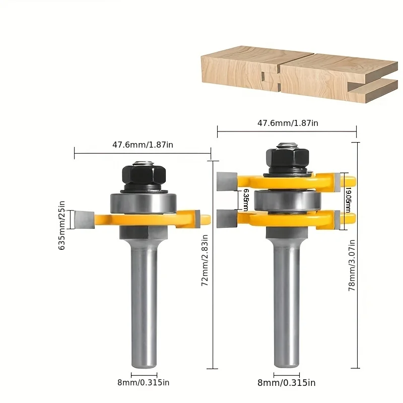 2 pezzi 8mm gambo di alta qualità linguetta e scanalatura comune set di punte per router 1-7/8 utensile da taglio per legno