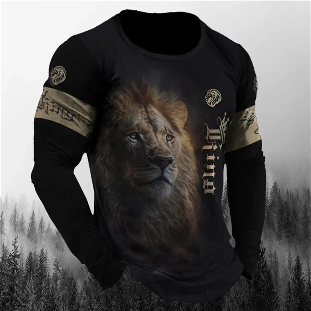 Fashion men\'s ferocious animal lion pattern printed T-shirt niche round neck loose long sleeve street style men\'s clothing top