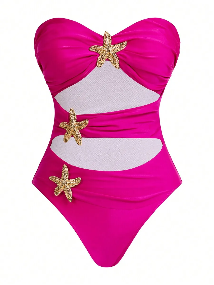 Pink Bandeau One Piece Swimsuit With Starfish Embellishment Hollow Out Design
