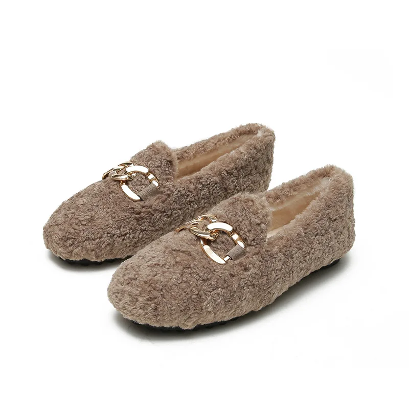 2026 Women Furry Loafers Metal Chain Decor Plush Lined Warm Slip on Shoes Luxury Casual Autumn Winter Outdoor Walking Moccasins