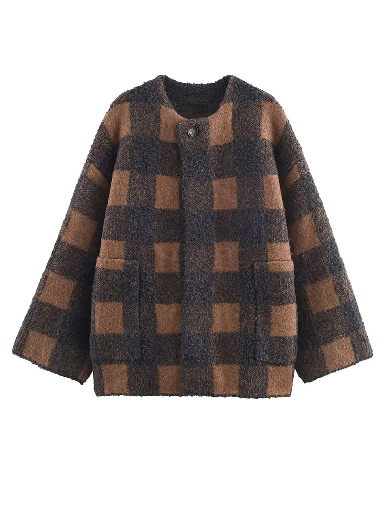 

HH Women Autumn Elegant Round Collar Pockets One Button Cardigans Chic Women Single Breasted Plaid Long Sleeve Knitted Coat