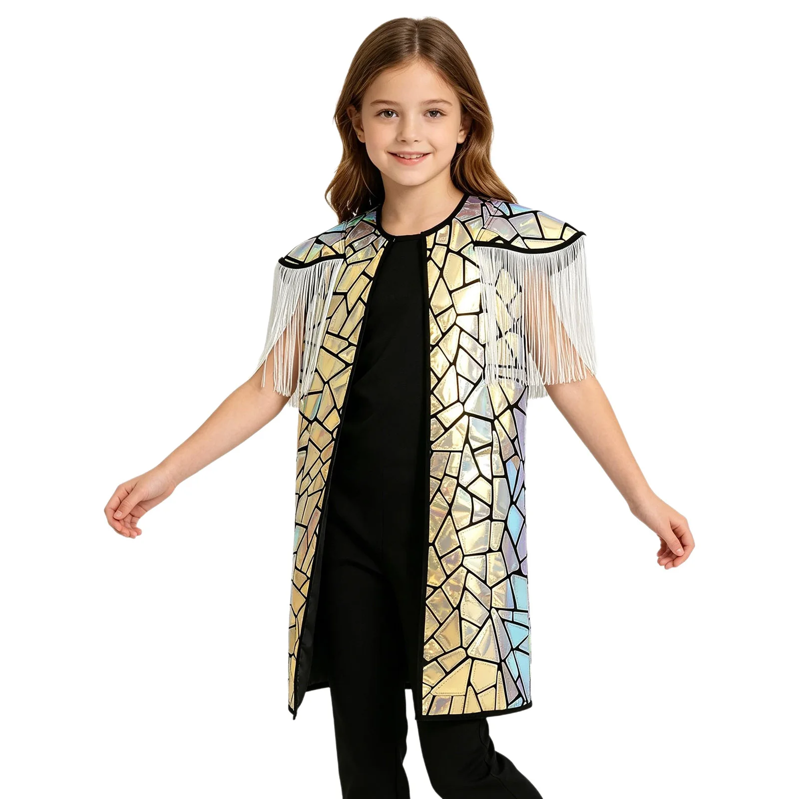 Kids Hip-hop Outfits Boys Girls Model Fashion Jazz Dance Coats Tassel Open Front Shiny Coat for Stage Performance Fashion Show
