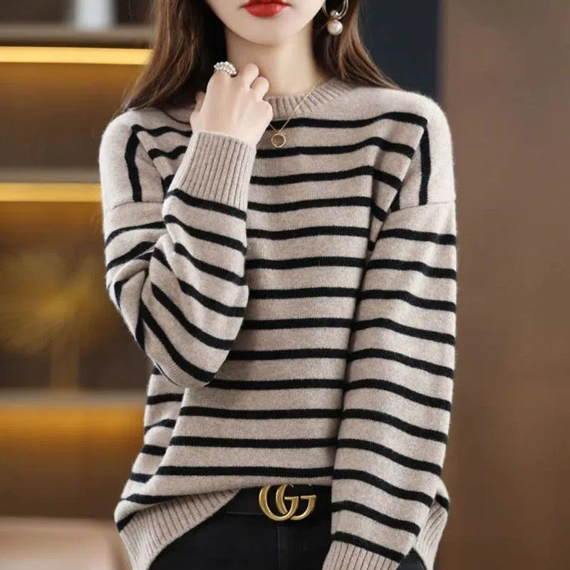 Lazy Style Autumn Winter Striped Sweaters Pullovers Vintage Loose Long Sleeve O-Neck Casual Fashion Woman Knitted Jumpers 2022