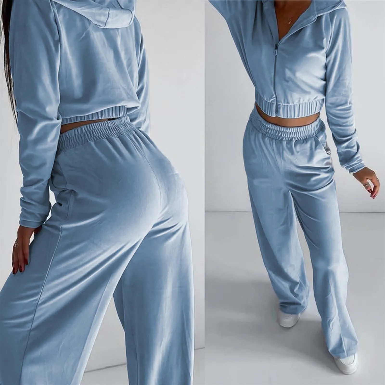 2-piece Set Of Women Cotton Long Sleeved Hooded Sportswear With Waisted Elastic Short Top Loose Pants Two Piece Set For Women