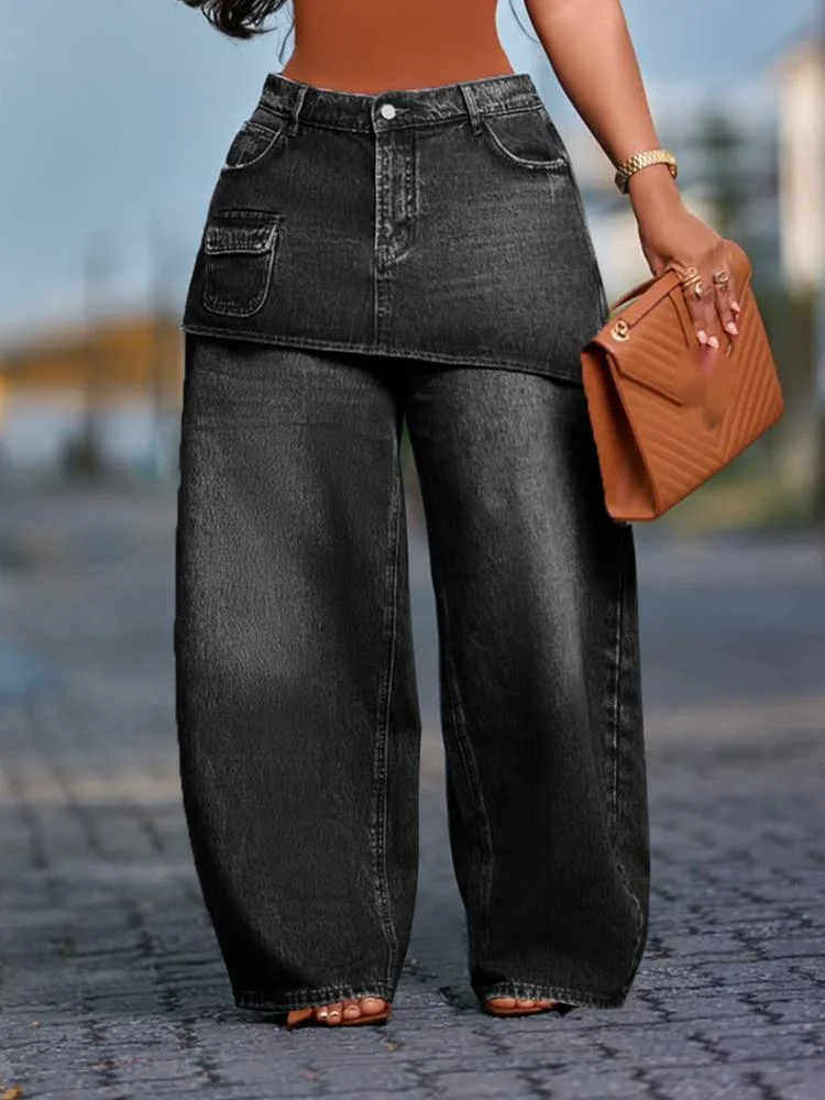 European And American Style Loose Fitting Fake Two Piece Wide Leg Denim Trousers For Women 2026 Spring New 05E0K2SN
