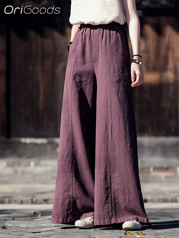 OriGoods Women Summer Pants 2024 New Ramie Cotton Wide Leg Pants Vintage Purple Beige Loose Casual Pants Women Ladies C039