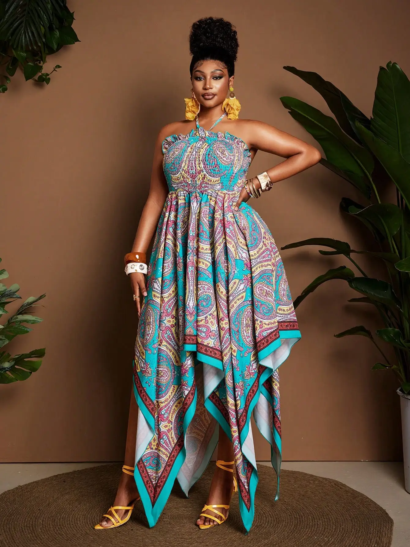 

Plus Size Casual Asymmetric Hem Backless Dress With Paisley Print