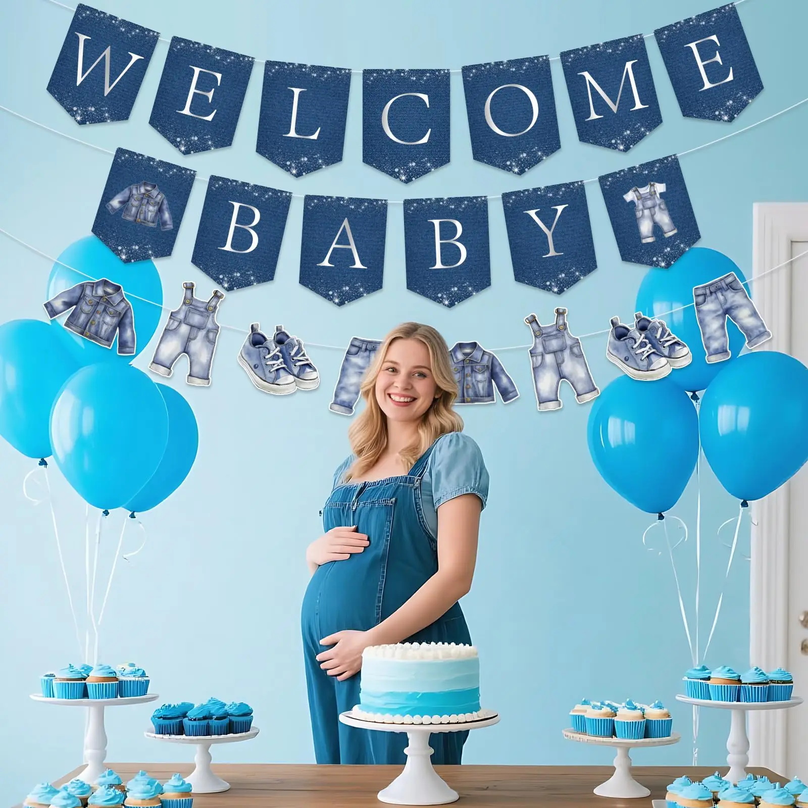 Pre-strung Blue Jean Baby Themed Hanging Banner for Kids Boys Welcome Baby 1st Birthday Baby Shower  Gender Reveal Party Decor view 2