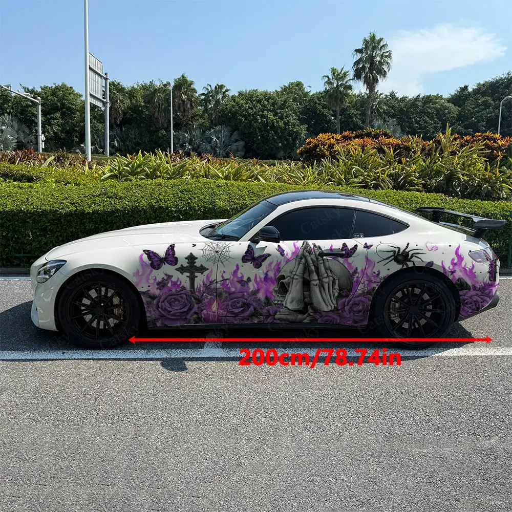 2pcs Purple Flame Wrap Cross Skull Car Side Wraps, Self-Adhesive PVC Waterproof & Scratch-Resistant Stickers, Car Accessory Gift