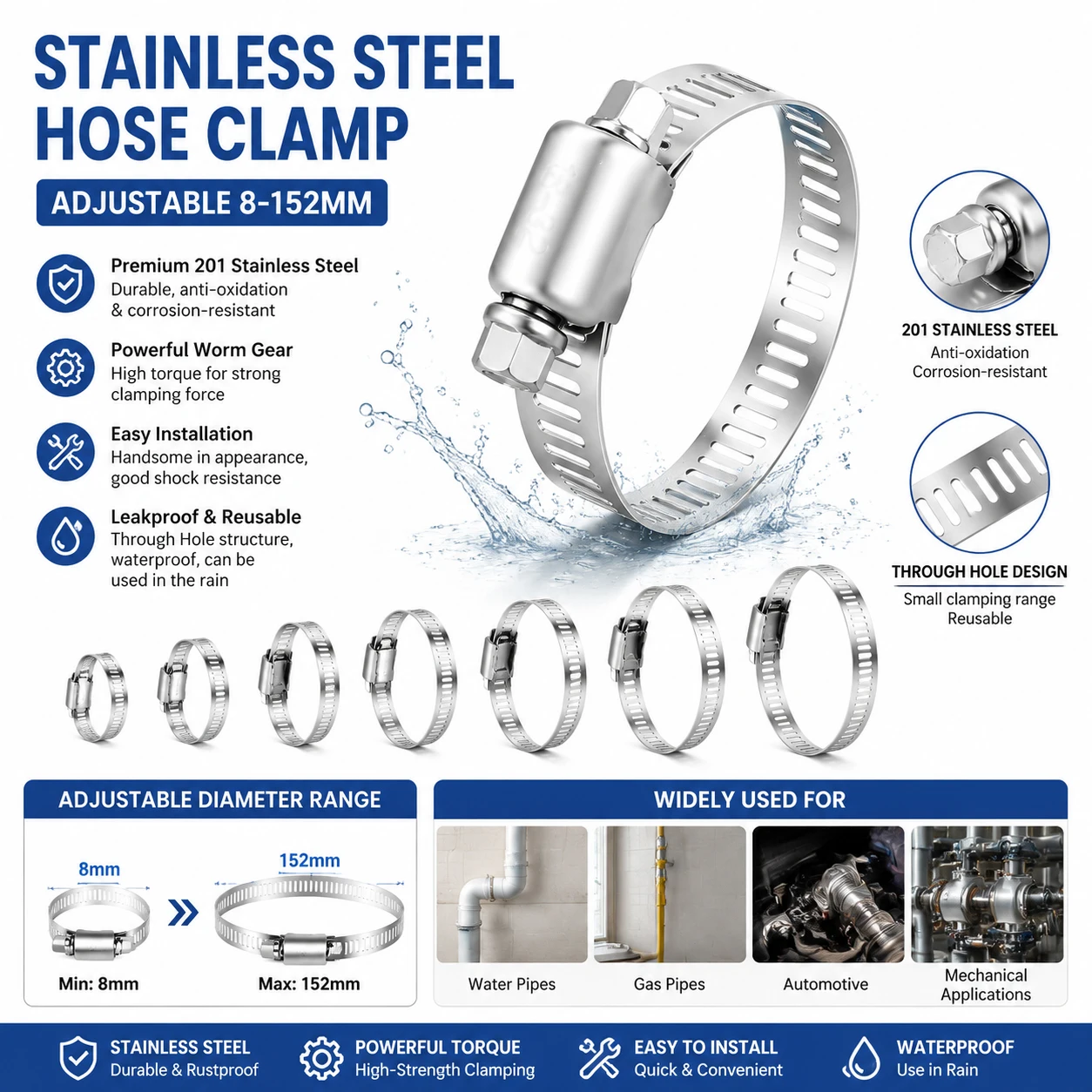 5-10Pcs Adjustable Stainlesss Steel Hose Clamps, Worm Gear Screw Band Clips for Fuel Oil Water Tube Pipe Fasteners