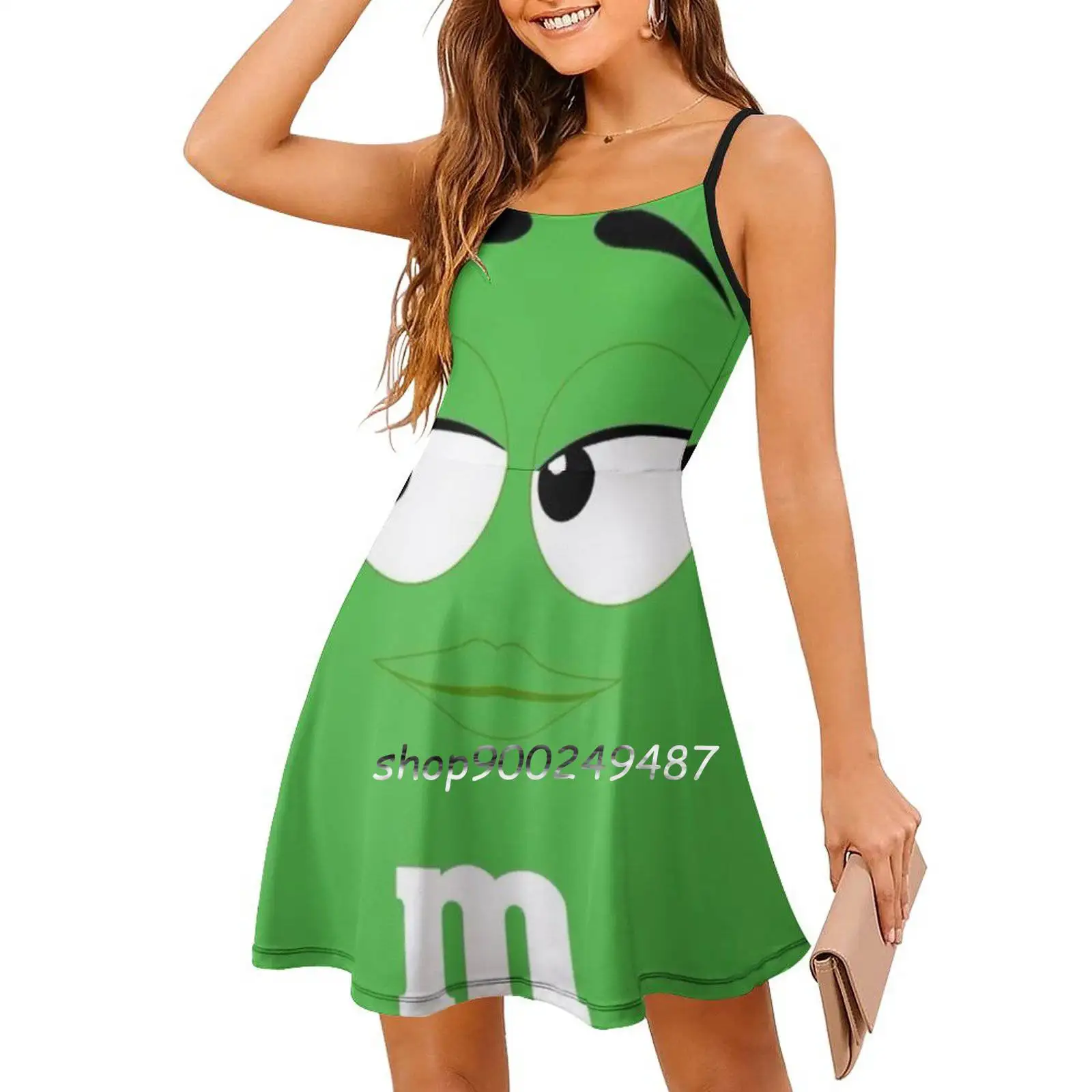 Green M&M Face Sweet Elegant Dress Women Korean Kawaii Square Collar Dress Green M M Face Halloween Costume Halloween Costume