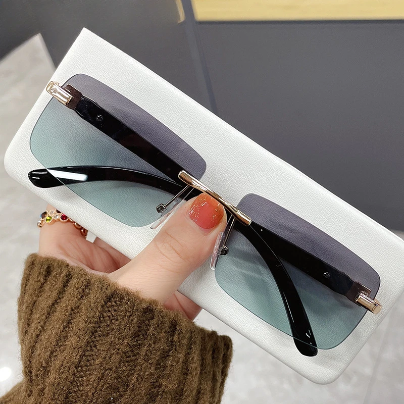 16222 Trendy Rimless Sunglasses Colorful Gradient Color Marine-Lens Sunglasses Square Retro