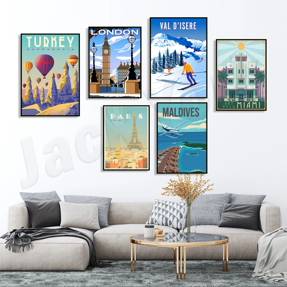 Maldives, Vietnam, Miami, Canada, Cappadocia Turkey, Paris France, Las Vegas, London, Isère Valley, New York travel art poster