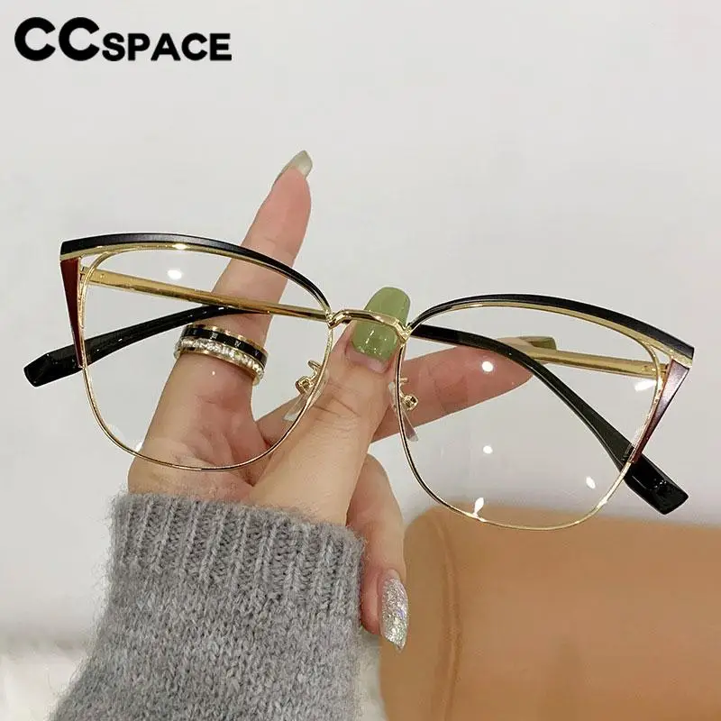 56771 Fashion Cat Eye Hollow Out Opticacle Frame Women New Metal Flat Mirror Coloured Eyebrow Frame Anti Blue Computer Glasses