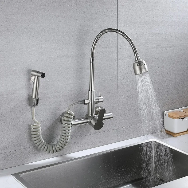 Stainless Steel Kitchen Faucet With Spray Shower Head Wall Mount 2 Modes Stream Spray Bubbler Hot Cold Water Mixer Flexible Pipe